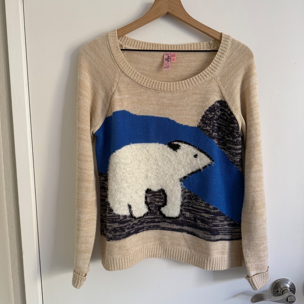 Polar Bear Fuzzy Knit Sweater Pullover XL Unique Teacher Whimsy Cozy